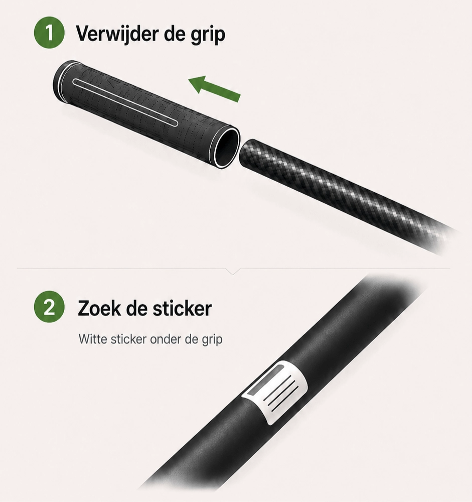 UnigDesige golf shaft serienummer locatie onder de grip